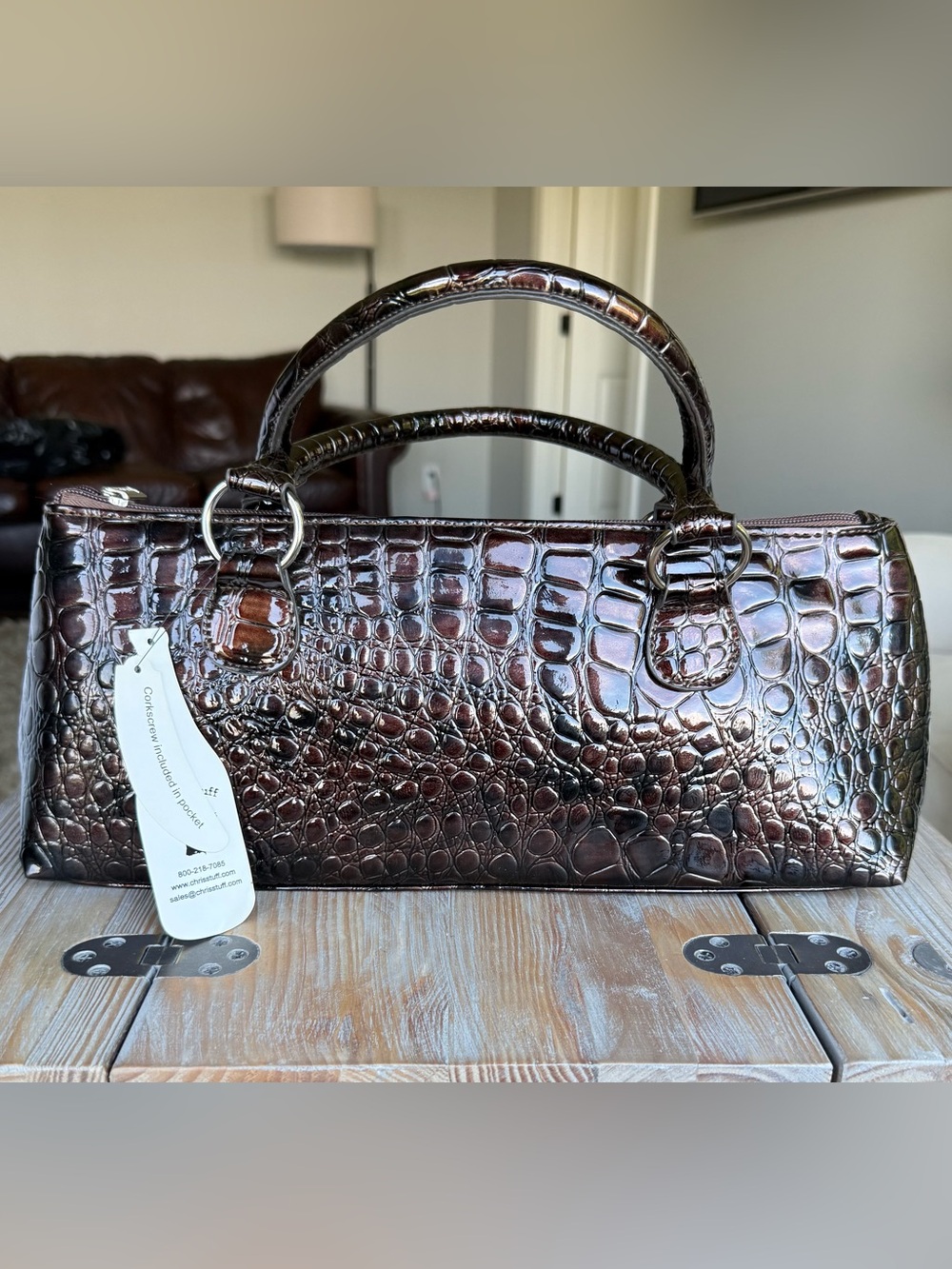 Insulated Wine Tote or Lunch Bag Brown and Black Croc-Embossed With Corkscrew - Picture 1 of 5
